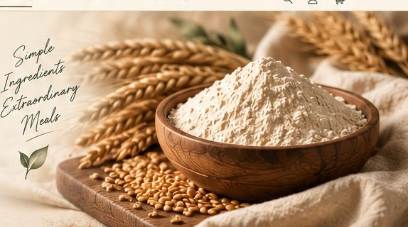 Freshly milled flour in authentic wooden bowl with golden wheat
